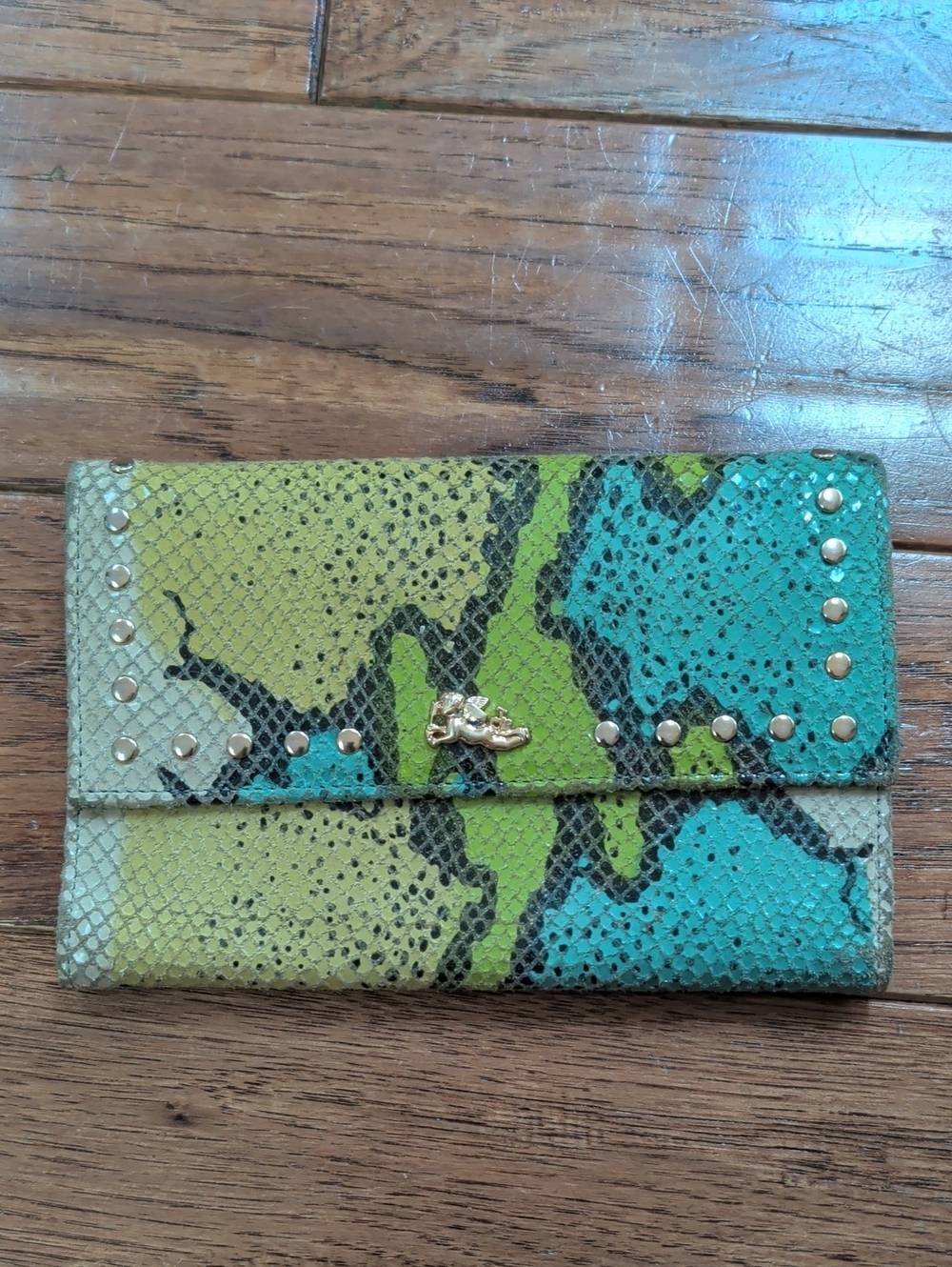 Vintage Made In Italy Studded Green & Teal Snake-Print Leather Wallet